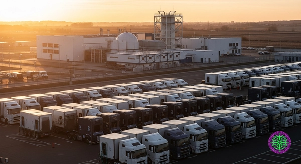 Aerial view of a futuristic truck stop with SMR facility charging electric semis