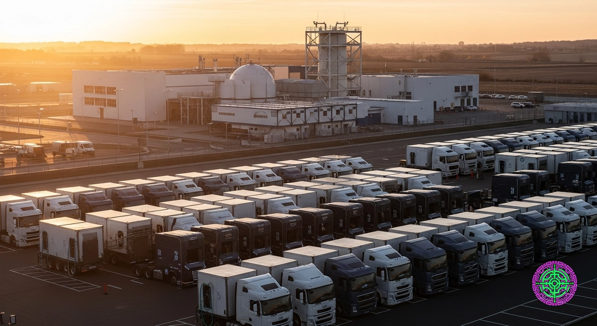 Aerial view of a futuristic truck stop with SMR facility charging electric semis