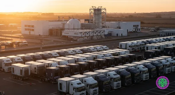Aerial view of a futuristic truck stop with SMR facility charging electric semis