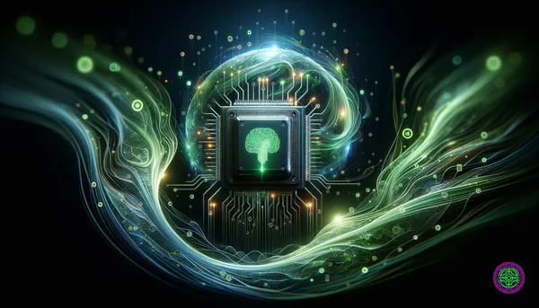 Visualisation abstraite de la technologie des puces d'IA et de la croissance financière avec des circuits verts brillants