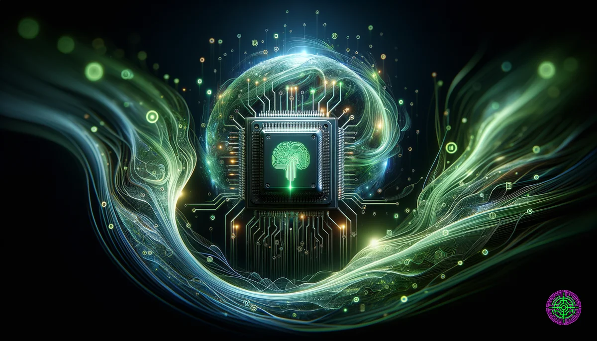 Visualización abstracta de la tecnología de chips de IA y el crecimiento financiero con circuitos verdes brillantes