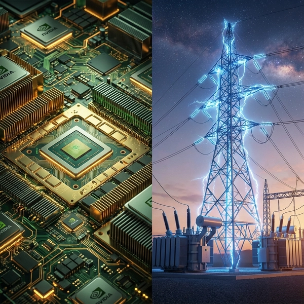 Split screen showing Nvidia chips versus electrical transmission towers.