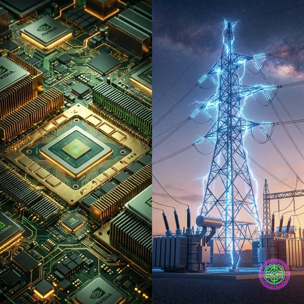 Split screen showing Nvidia chips versus electrical transmission towers.