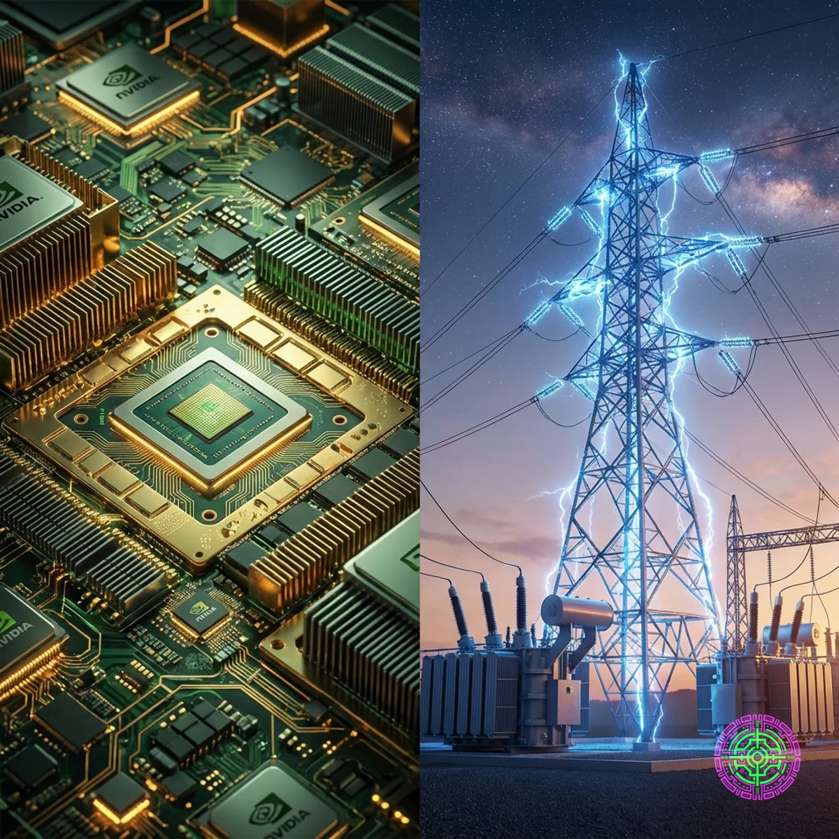 Nvidiaチップと送電鉄塔を分割画面で表示。