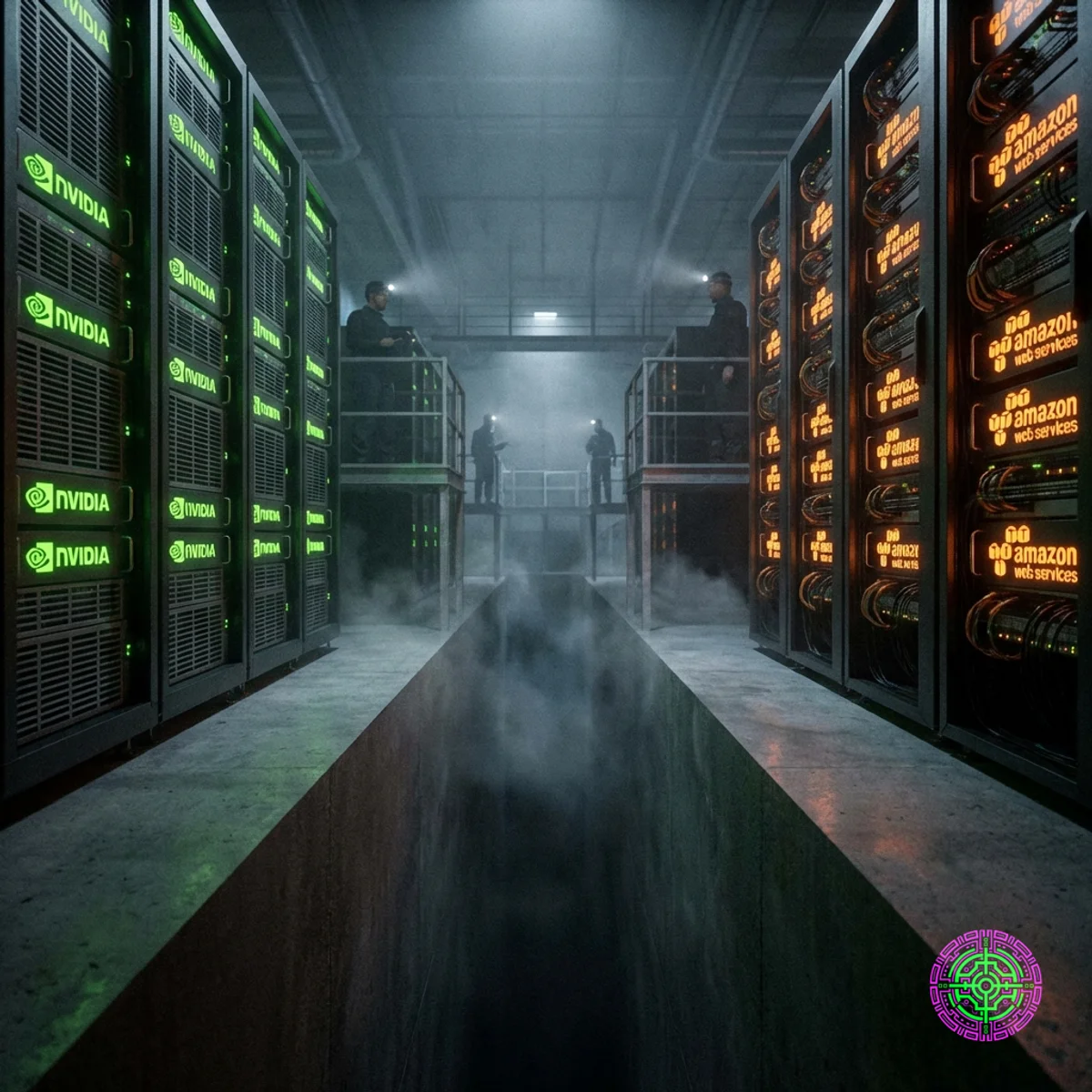 Visualización abstracta de servidores verdes de Nvidia versus servidores naranjas de Amazon separados por un abismo, que representa la guerra indirecta.