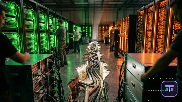 Abstrakte Visualisierung von grünen Nvidia-Servern versus orangefarbenen Amazon-Servern, getrennt durch einen Abgrund, der den Stellvertreterkrieg darstellt.