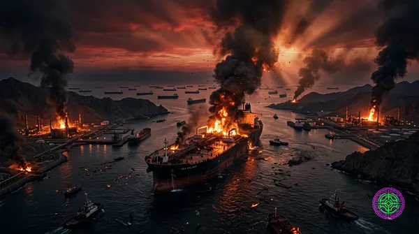 A burning supertanker at the center of the Strait of Hormuz at dusk, dozens of cargo vessels queued motionless on the horizon, burning oil infrastructure glowing on both coastlines, blood-red sky with columns of black smoke, wide cinematic photorealistic composition