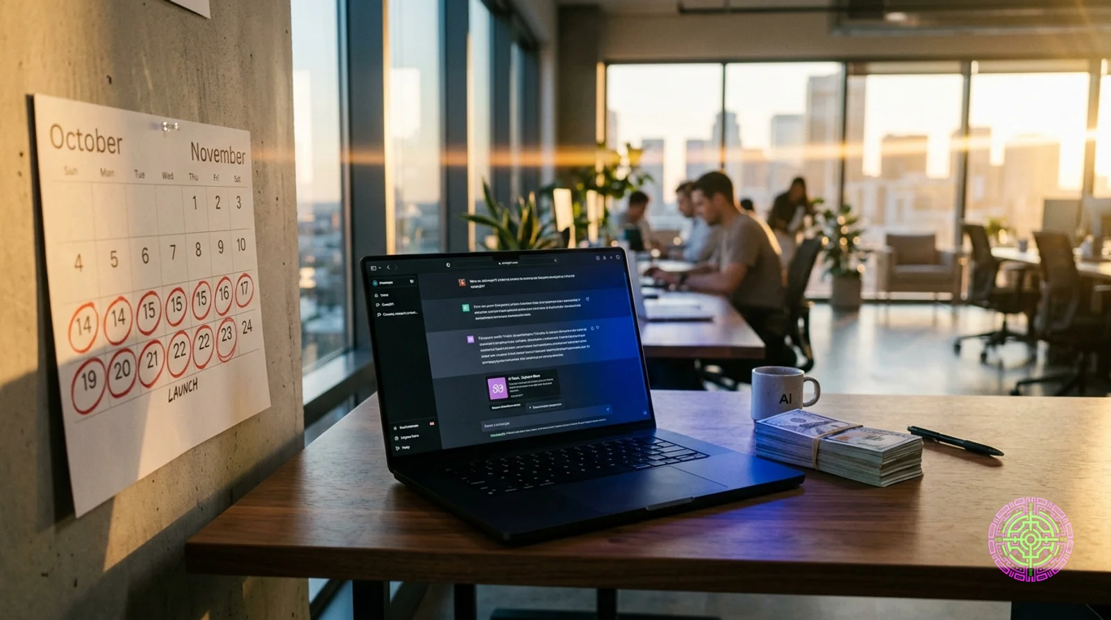 A minimalist modern AI startup office at golden hour, a sleek laptop on a wood desk displaying a ChatGPT-style chat interface with a small sponsored ad embedded, the screen casting blue glow onto a stack of crisp hundred-dollar bills beside it, a wall calendar in the foreground with six weeks circled in red ink, documentary photojournalist style with available natural light
