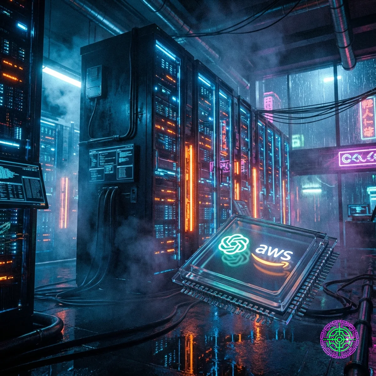 데이터 센터의 미래형 마이크로칩에 있는 OpenAI 및 AWS 로고의 사이버펑크 시각화.