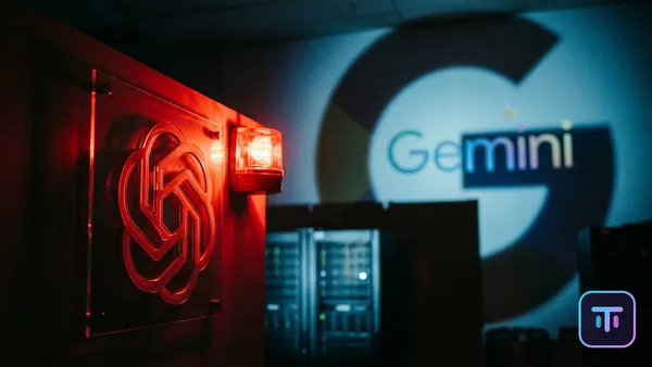 Une alarme rouge d'urgence illuminant le logo OpenAI avec une ombre bleue menaçante de Google Gemini en arrière-plan.