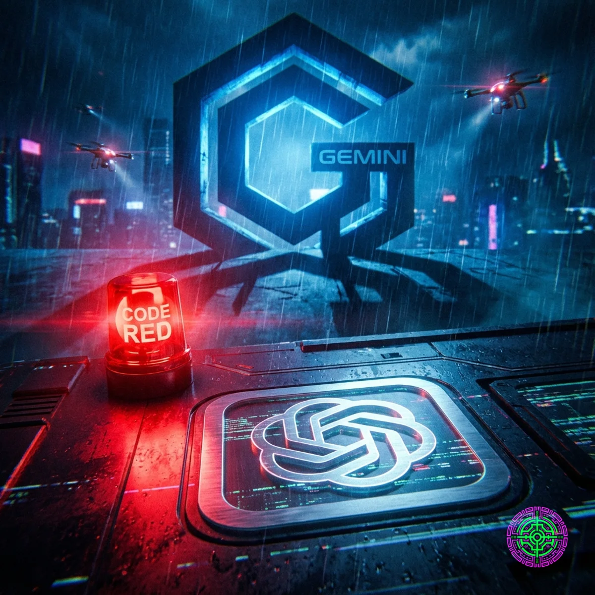 Una alarma roja de emergencia que ilumina el logotipo de OpenAI con una sombra azul amenazante de Google Gemini en el fondo.