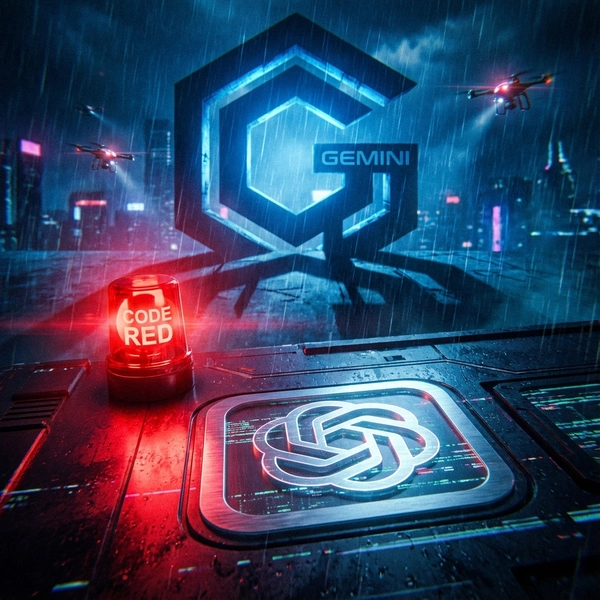 A red emergency alarm illuminating the OpenAI logo with a looming blue Google Gemini shadow in the background.