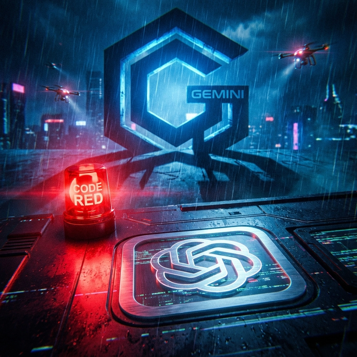 A red emergency alarm illuminating the OpenAI logo with a looming blue Google Gemini shadow in the background.