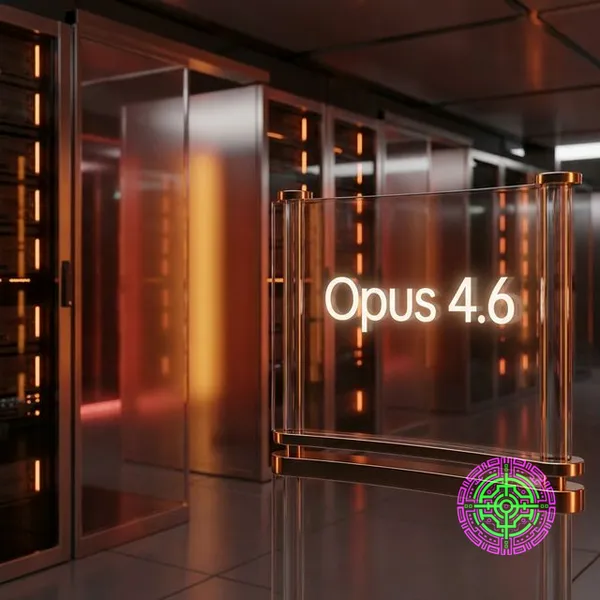 Fotorealistische Visualisierung der Opus 4.6-Architektur mit 'Opus 4.6' auf einer Glasoberfläche in einem warm getönten Rechenzentrum.
