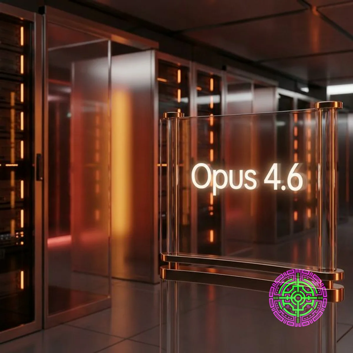 Visualização fotorrealista da arquitetura do Opus 4.6 com 'Opus 4.6' exibido em uma interface de vidro em um data center em tons quentes.