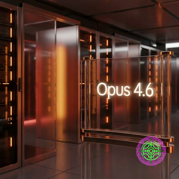 Photorealistic visualization of the Opus 4.6 architecture with 'Opus 4.6' displayed on a glass interface in a warm-toned data center.