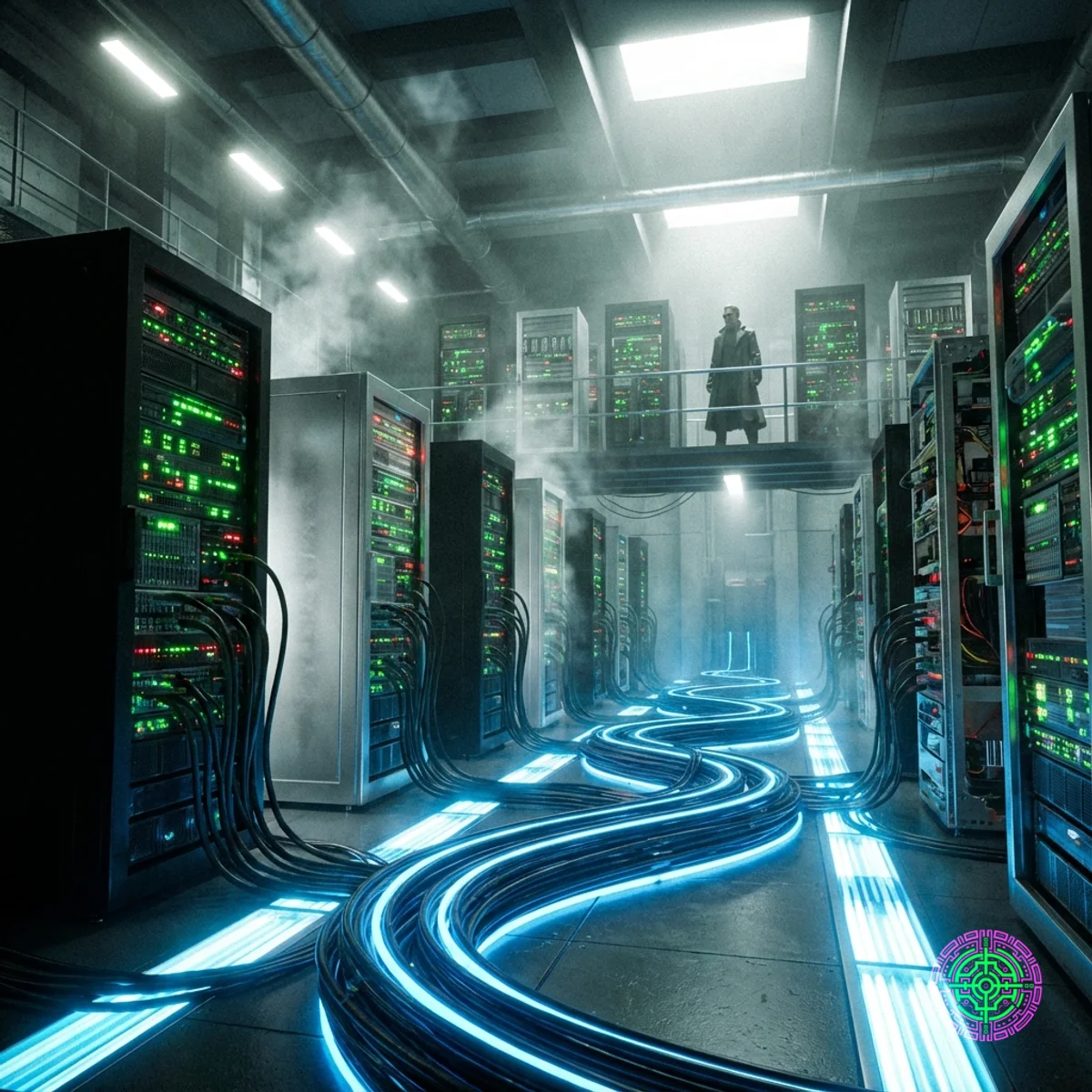 Um interior futurista de um data center mostrando uma variedade diversificada de blades de servidor com diferentes marcas conectando-se a uma rede central brilhante.