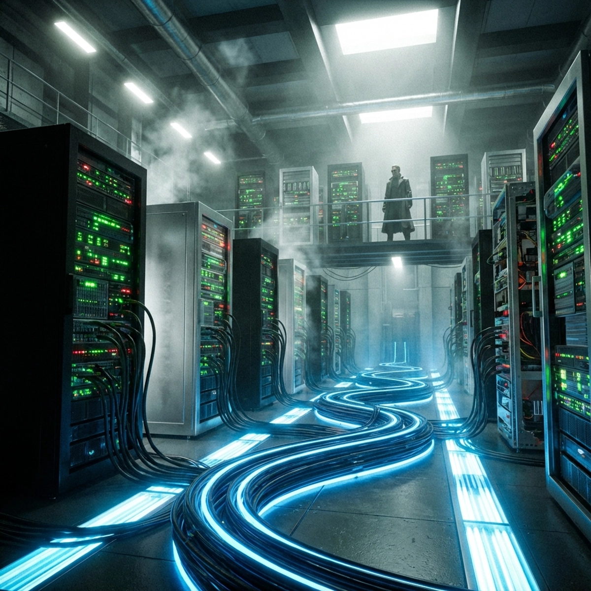 A futuristic data center interior showing a diverse array of server blades with different branding pluggin into a glowing central network backbone.