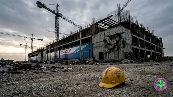 A massive empty concrete data center shell under construction at dawn, half-finished steel beams reaching into an overcast sky, construction cranes idle, a single hard hat abandoned on the floor, photojournalistic style, dramatic chiaroscuro lighting, 16:9 ultra-wide composition