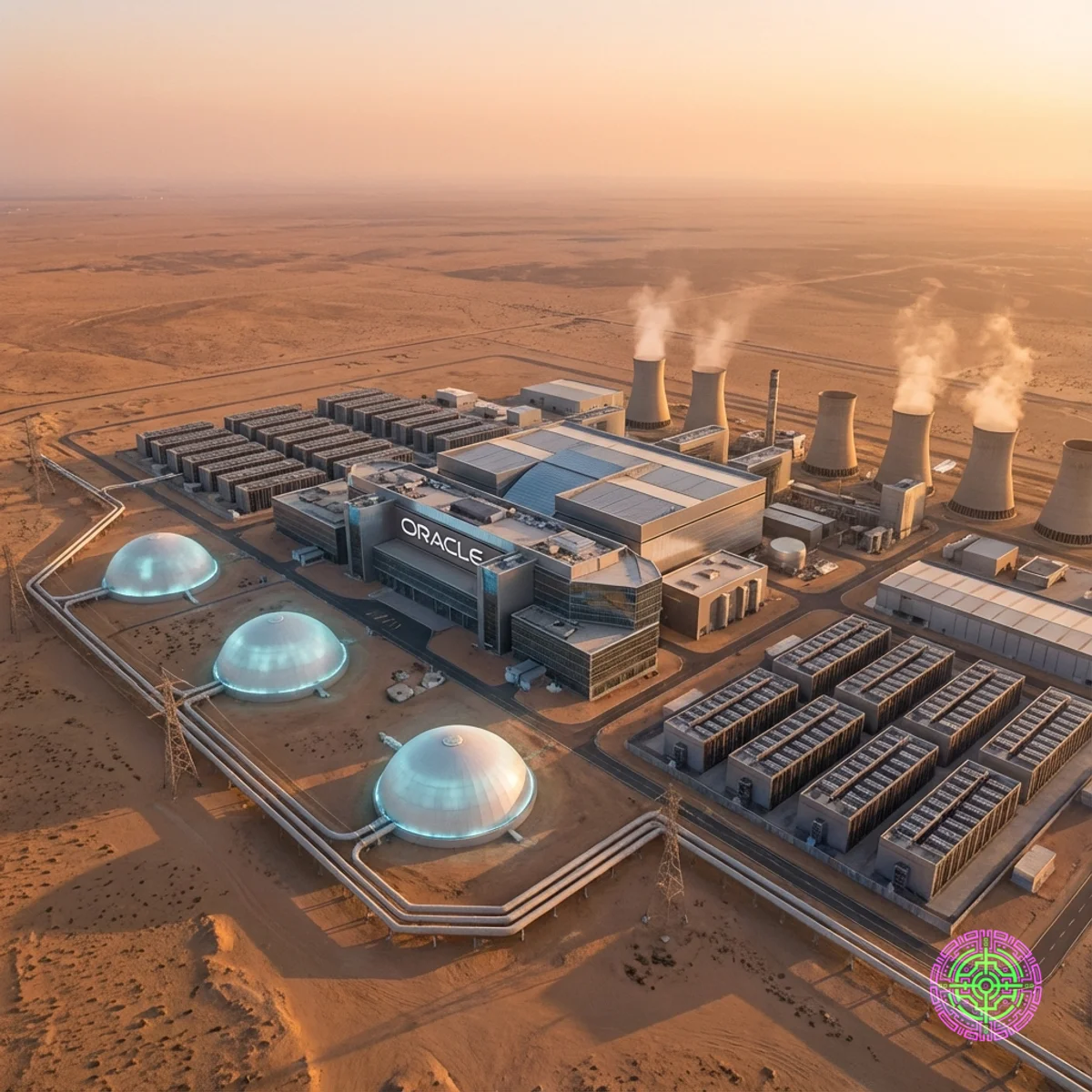 Centre de données Oracle futuriste alimenté par des réacteurs nucléaires dans un paysage désertique
