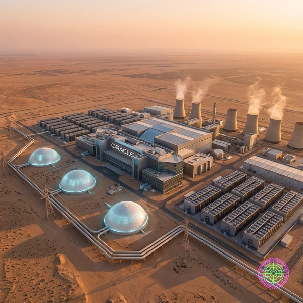 Futuristic Oracle data center powered by nuclear reactors in a desert landscape