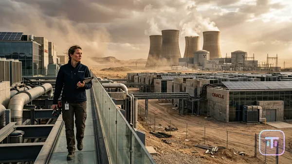Futuristisches Oracle-Rechenzentrum, das von Kernreaktoren in einer Wüstenlandschaft angetrieben wird