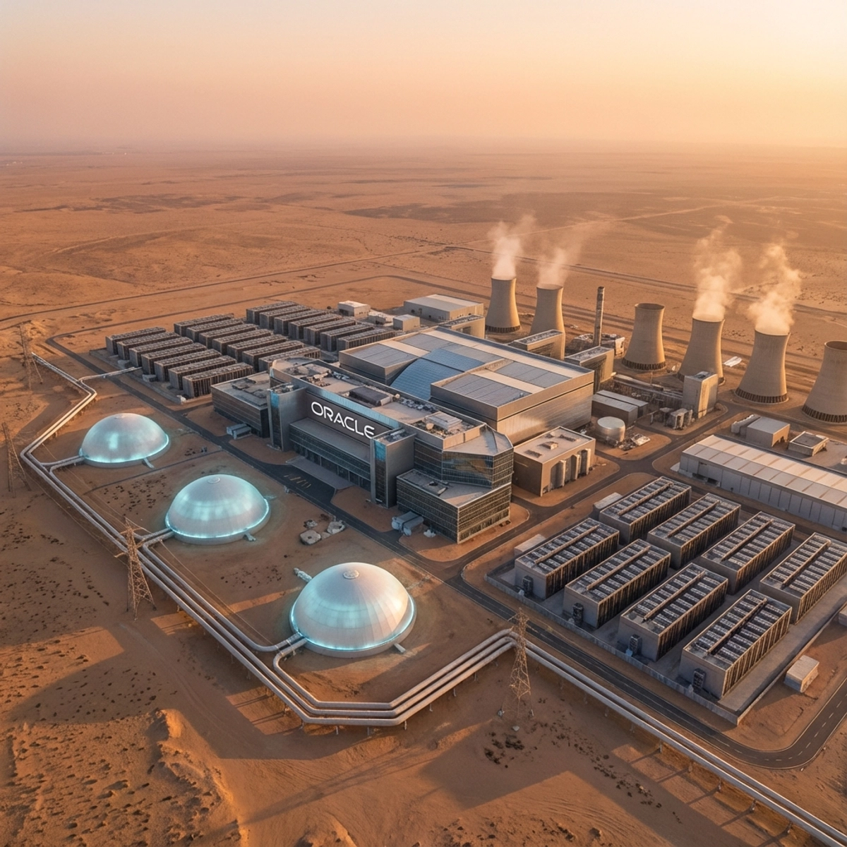 Centro de datos futurista de Oracle alimentado por reactores nucleares en un paisaje desértico