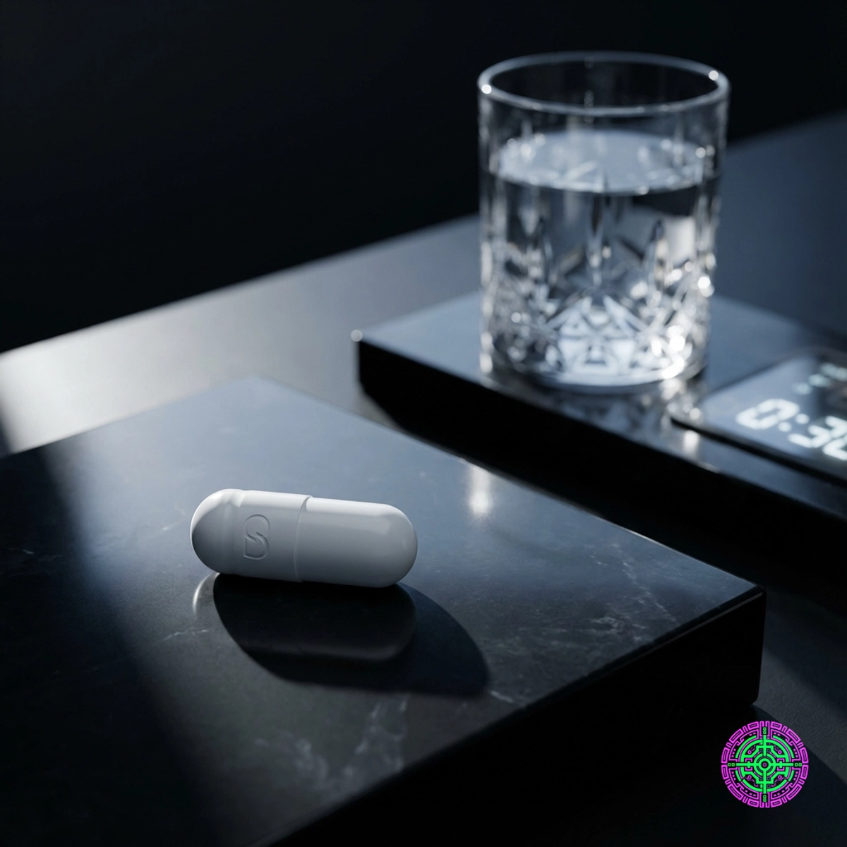 A single white oral Wegovy pill resting on a sleek black surface with a glass of water.