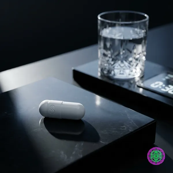 A single white oral Wegovy pill resting on a sleek black surface with a glass of water.