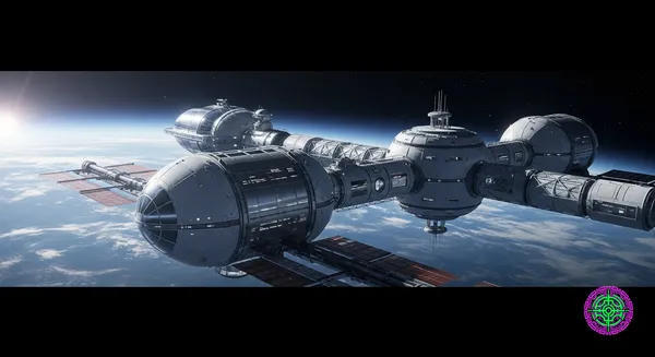 A futuristic commercial space station orbiting Earth with a sunrise in the background