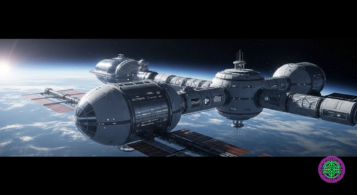 A futuristic commercial space station orbiting Earth with a sunrise in the background