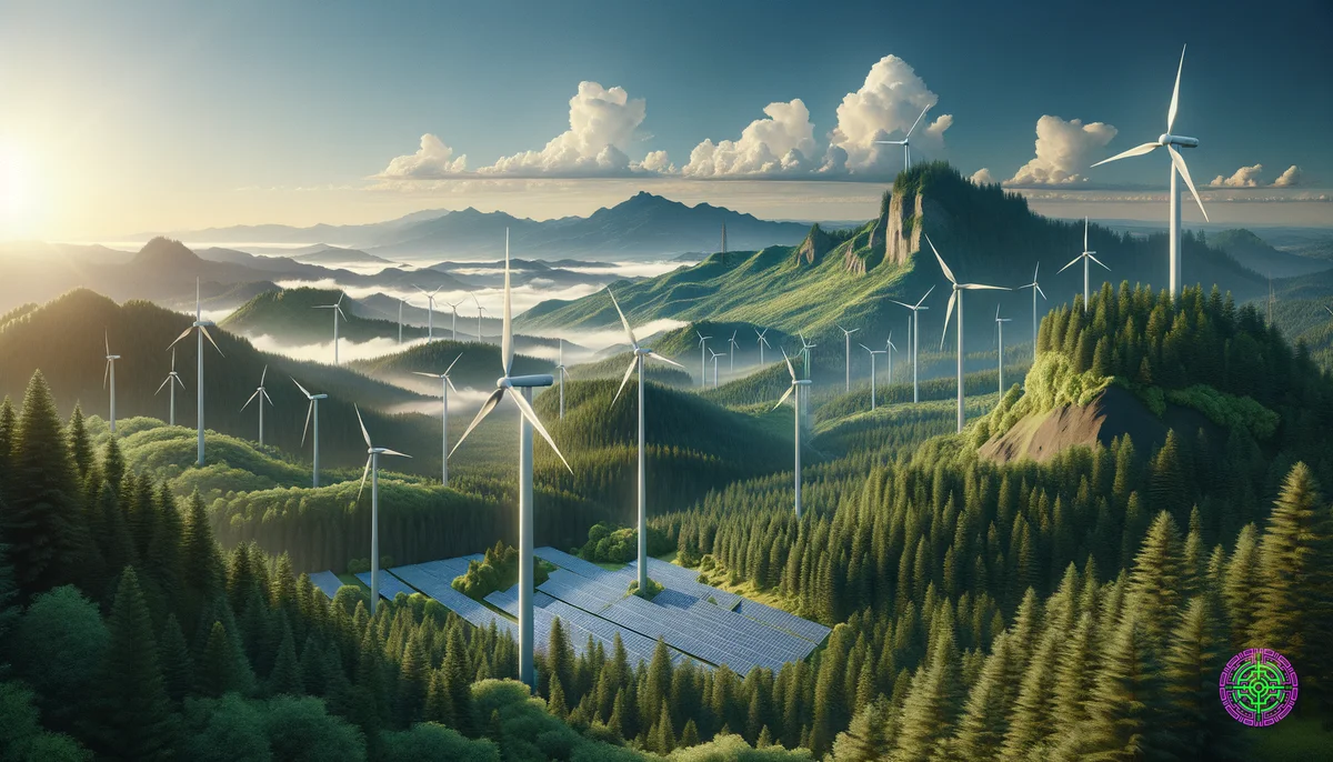 Vista panorámica del paisaje de Oregón con infraestructura de energía limpia