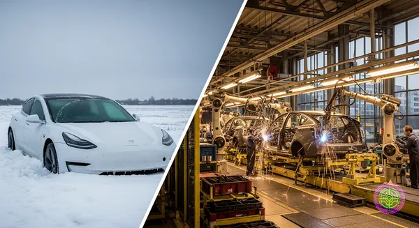 Ein geteilter Bildschirm, der ein eingefrorenes, verlassenes Tesla Model 3 im Schnee im Vergleich zu einer warmen, industriellen Autofabrik zeigt, die einen gasbetriebenen Hybrid baut.