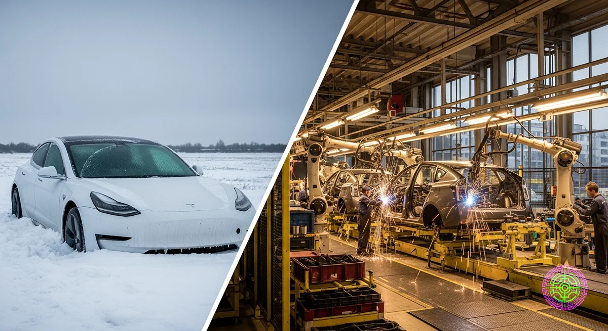 A split screen showing a frozen, abandoned Tesla Model 3 in the snow versus a warm, industrial automotive factory building a gas-powered hybrid.