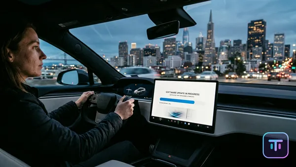A futuristic electric vehicle dashboard displaying a software update progress bar against a city skyline