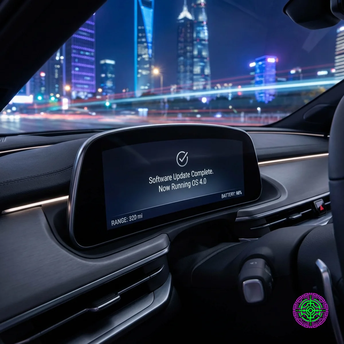 Ein futuristisches Armaturenbrett eines Elektrofahrzeugs, das einen Software-Update-Fortschrittsbalken vor einer Skyline der Stadt anzeigt