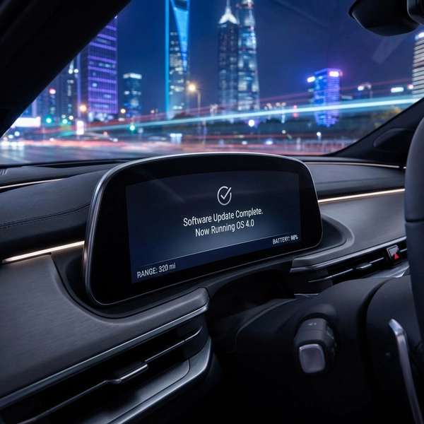A futuristic electric vehicle dashboard displaying a software update progress bar against a city skyline