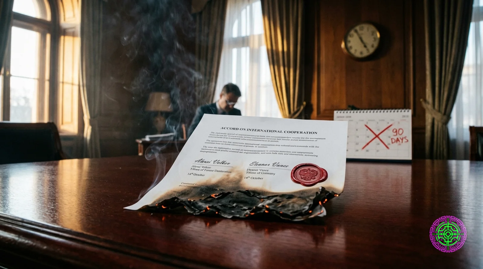 A torn diplomatic document on a polished negotiating table, half of it charred and curling, the other half still bearing two signatures and an official seal, a clock on the wall in the background showing 90 days marked in red, late-afternoon embassy light through tall windows, photojournalistic documentary style with available light, shot on Canon EOS R5 35mm f1.4