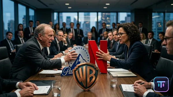 Eine filmische Illustration einer Vorstandssitzungsschlacht, bei der das Paramount-Berglogo über dem Warner Bros.-Schild mit dem Netflix-Logo zusammenstößt.