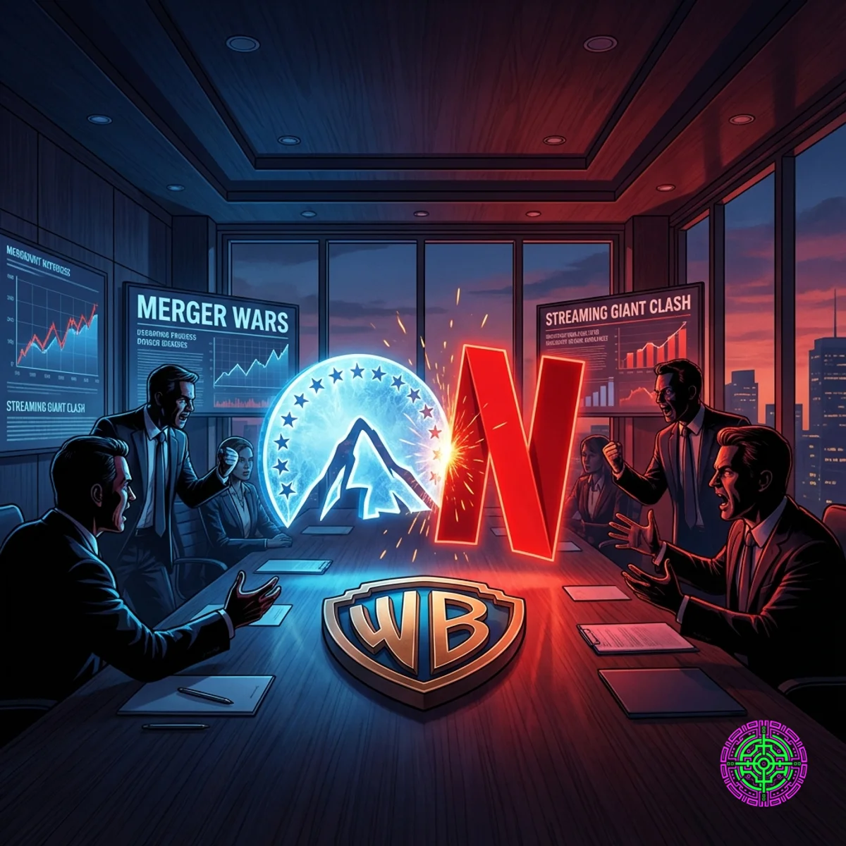 Eine filmische Illustration einer Vorstandssitzungsschlacht, bei der das Paramount-Berglogo über dem Warner Bros.-Schild mit dem Netflix-Logo zusammenstößt.