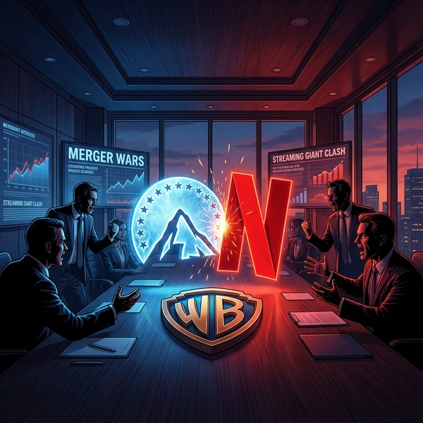 A cinematic illustration of a corporate boardroom battle with the Paramount mountain logo clashing against the Netflix logo over the Warner Bros shield.