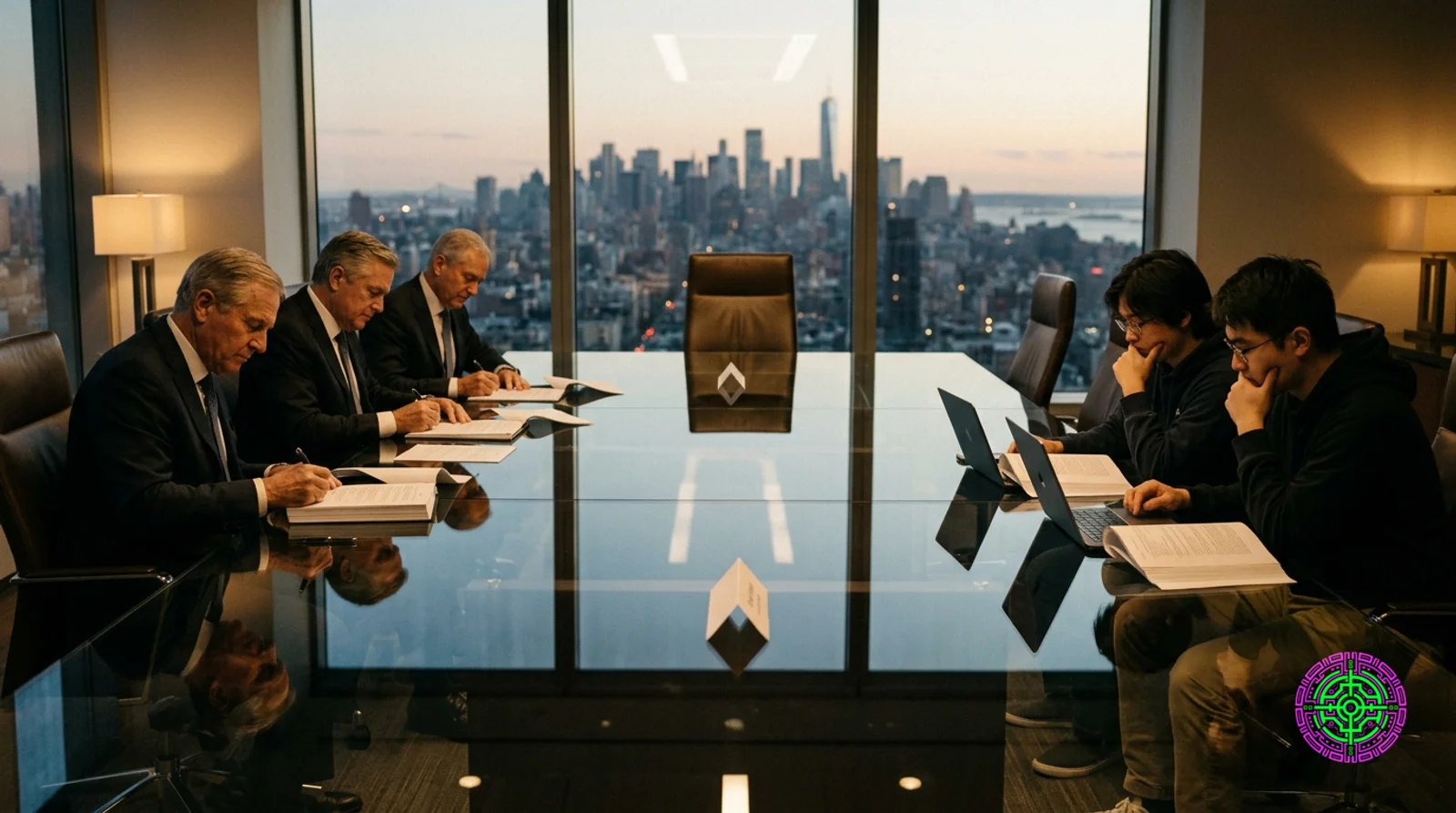 A glass-walled Manhattan boardroom at dusk with a blueprint of an industrial pipeline being redrawn on a wall-sized screen. The old route runs through a labeled McKinsey tower; a new route routes around it directly into a row of mid-market warehouse logos. Suited PE partners and a single Anthropic engineer in a hoodie sketch over the original.