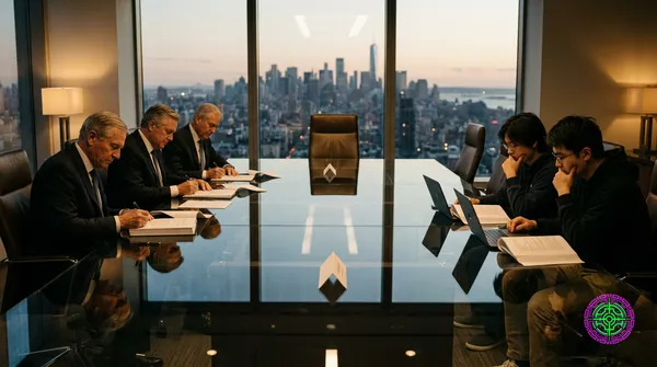 A glass-walled Manhattan boardroom at dusk with a blueprint of an industrial pipeline being redrawn on a wall-sized screen. The old route runs through a labeled McKinsey tower; a new route routes around it directly into a row of mid-market warehouse logos. Suited PE partners and a single Anthropic engineer in a hoodie sketch over the original.