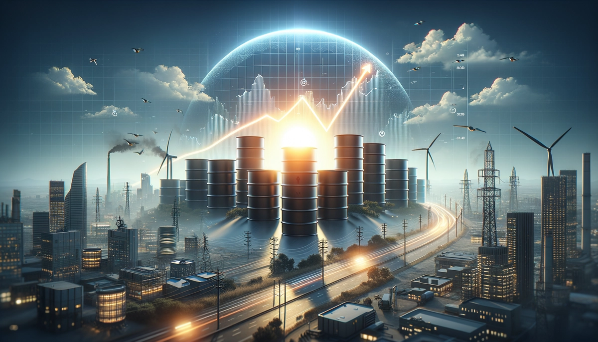 再生可能エネルギーの日の出を背景に、石油バレルのピークと減少を示すグラフ。