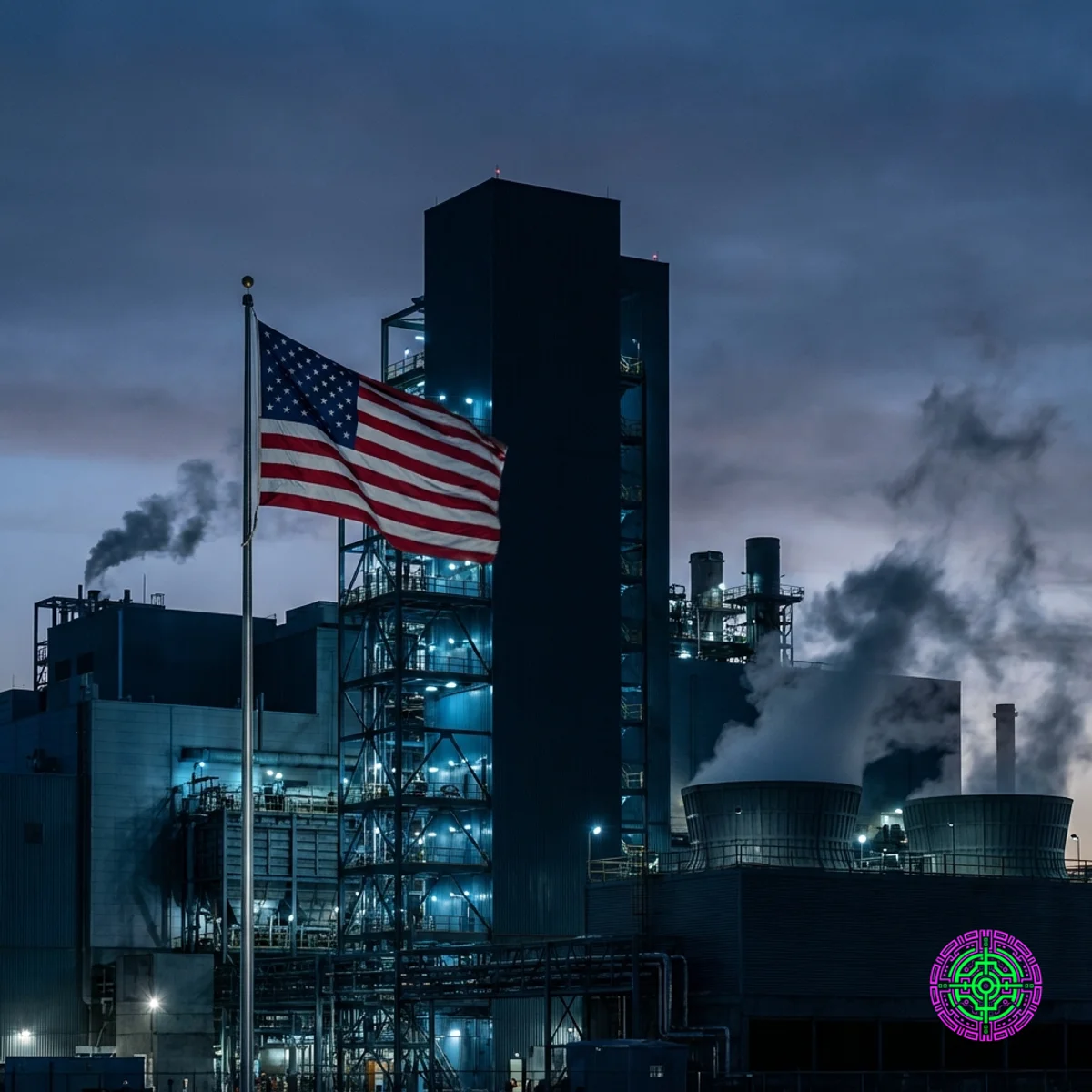 Fundición de semiconductores Samsung Taylor Texas al atardecer con la bandera estadounidense