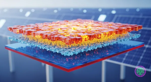 Una sección transversal 3D de una celda solar de perovskita-silicio en tándem que muestra distintas capas de cristal.