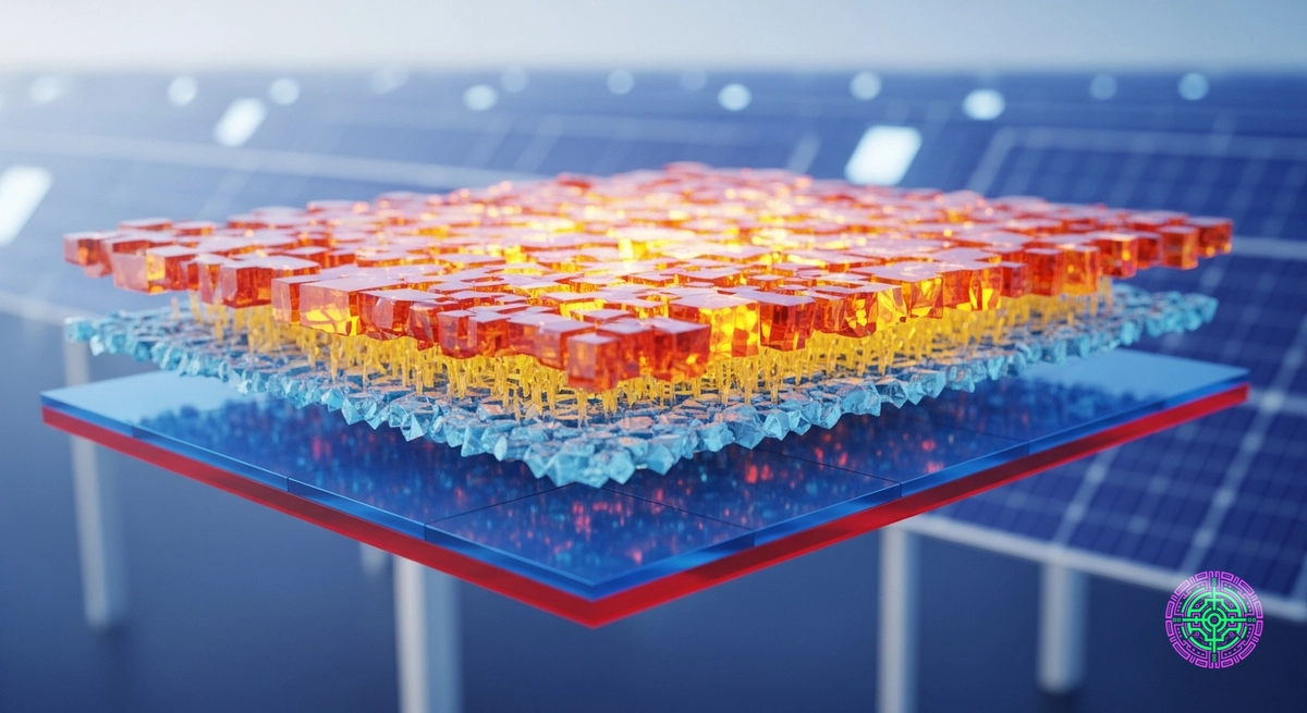 A 3D cross-section of a Perovskite-Silicon Tandem Solar Cell showing distinct crystal layers.
