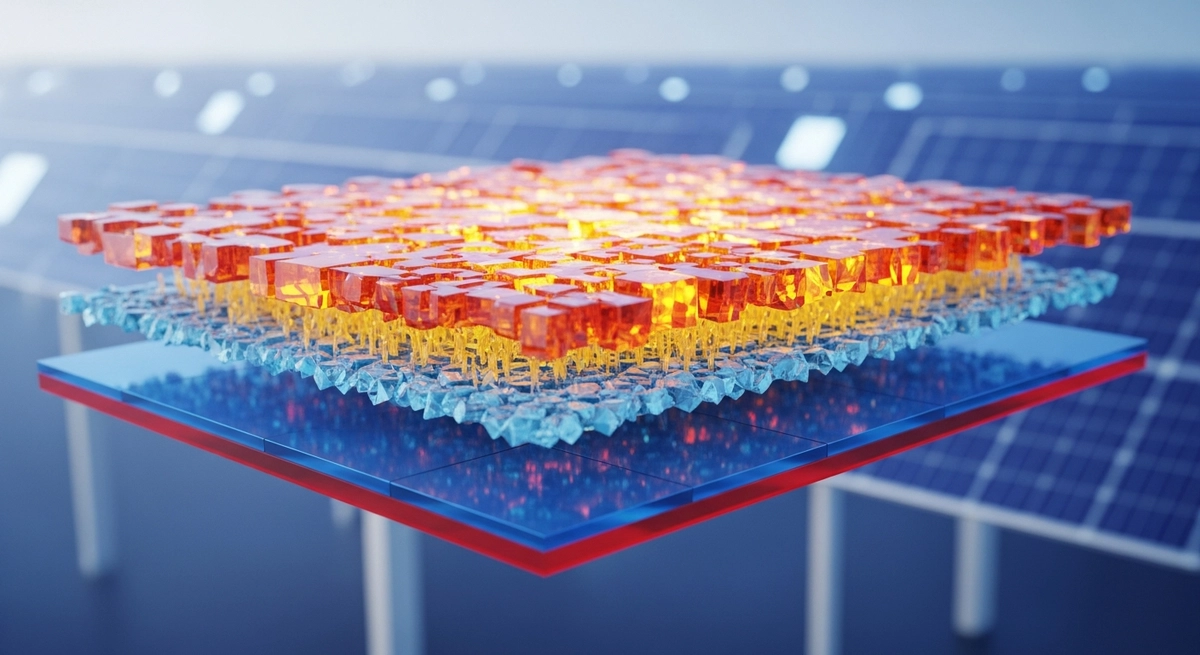 A 3D cross-section of a Perovskite-Silicon Tandem Solar Cell showing distinct crystal layers.