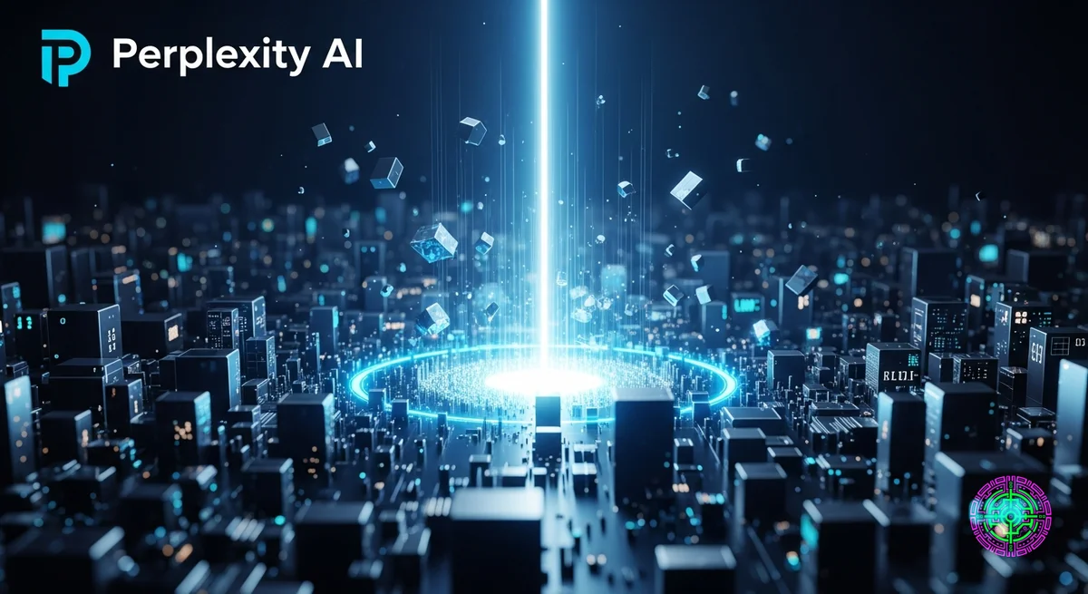 Ilustração hiper-realista de Perplexity AI como uma interface de pesquisa 'Plus Ultra' brilhante que corta o caos da informação
