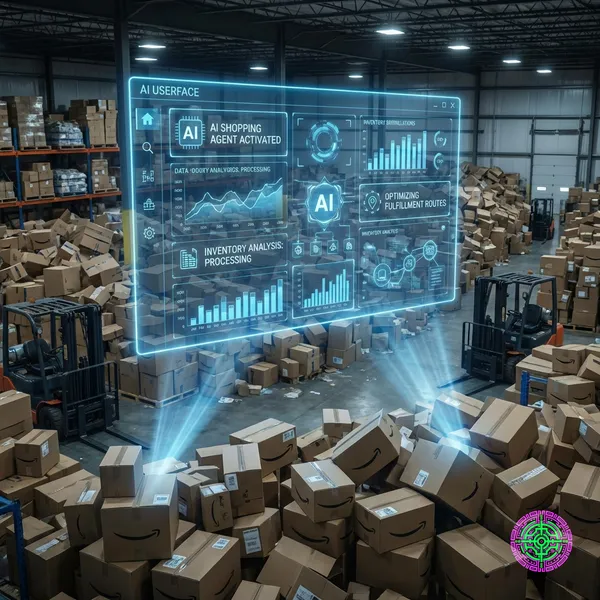 A glowing blue AI interface overlaying a chaotic Amazon warehouse, symbolizing the digital disruption of physical logistics